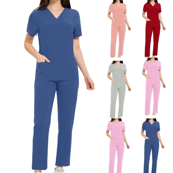 WRKEKC Scrubs for Women 2 Piece Sets for Women Solid Color Short Sleeve V-Neck Top with Pockets and Pants Set for Medical Workwear Fall Outfits