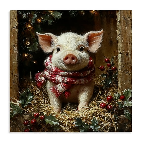 Stupell Industries Pig with Holiday Garlands Animals Painting Wrapped Canvas Canvas Art Print Wall Art, 17 x 17