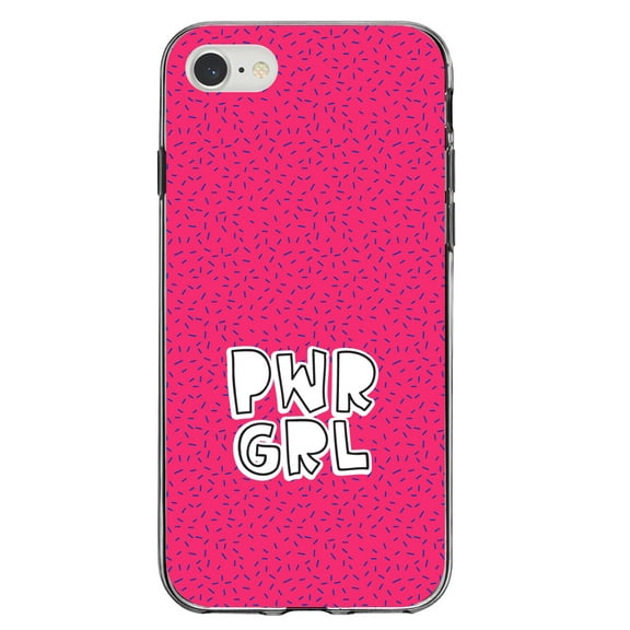 DistinctInk Clear Shockproof Hybrid Case for iPhone 7 8 SE (2020 Model) 4.7" Screen TPU Bumper Acrylic Back Tempered Glass Screen Protector - Girl Power - PWR GRL - Pink Background