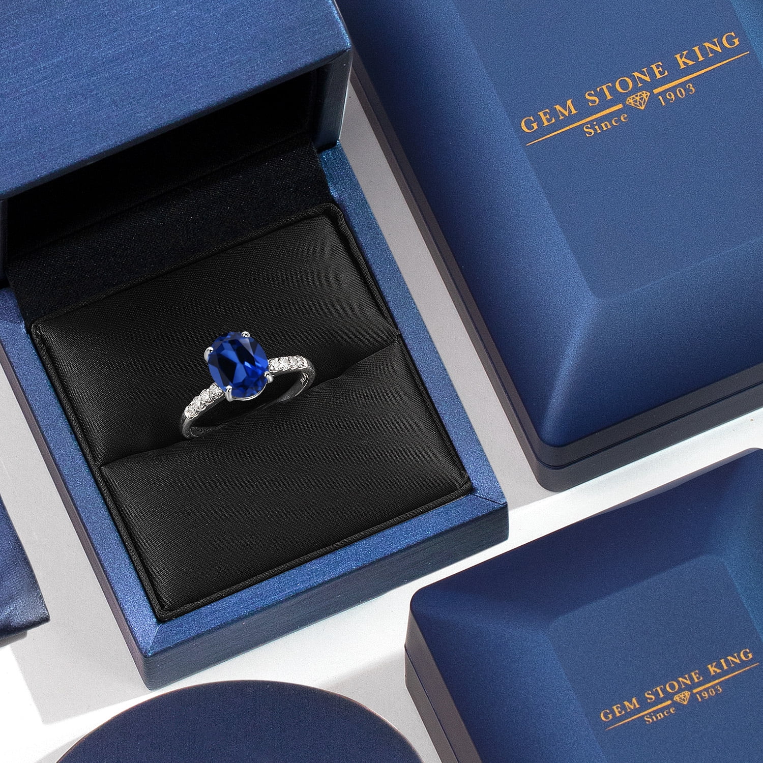 Gem Stone King 10K White Gold Blue Created Sapphire and Lab Grown Diamond Engagement Ring for Women | 2.50 Cttw | Oval 9X7MM | Gemstone September Birthstone | Size 6
