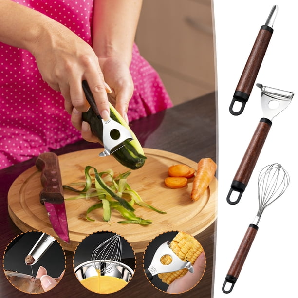 Xihbxyly Batidor con Mango de Madera, Pelador de Acero Inoxidable, Descorazonador Manual Multifunción, Herramienta de Cocina Sin Esfuerzo, Preparación de Comidas Sencilla, Agarre Cómodo, Apto para La