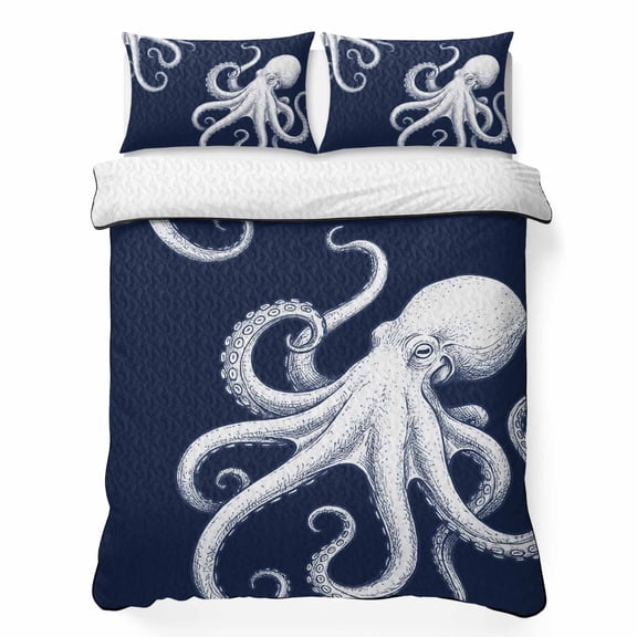King Quilt Bedding Set Underwater Ocean Giant Octopus Summer Quilt Lightweight Quilted Coverlet with 2 Pillow Shams, Navy Blue White Marine Life 3-Piece Bedspread Quilt Set for All Season