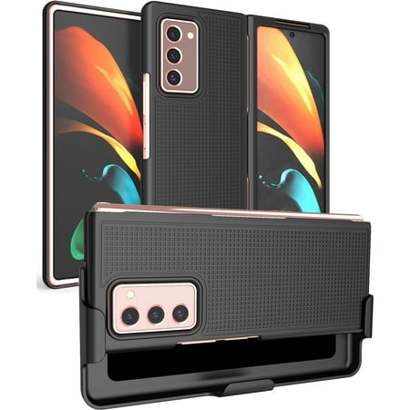 Case with Clip for Galaxy Z Fold 2, Nakedcellphone [Black] Grid Texture Slim Hard Cover and Custom Belt Hip Holster Holder View Stand Combo for Samsung Galaxy Z Fold 2 5G Phone (SM-F916)
