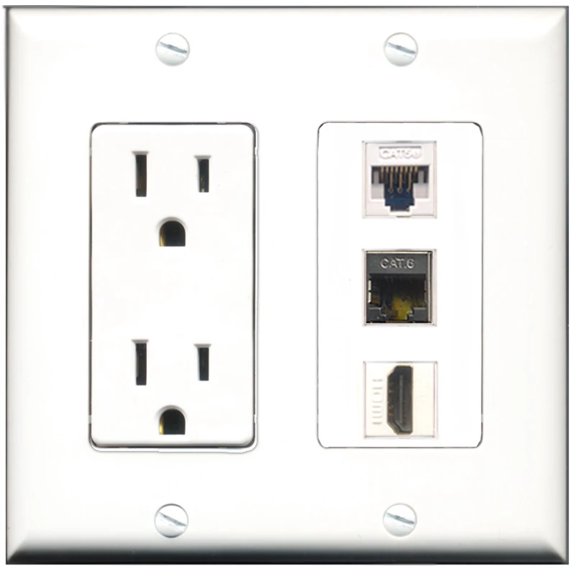 Ultra Spec Cables 15 Amp Power Outlet 1 Port HDMI 1 Port Shielded Cat6 1 Port Cat5e Wall Plate
