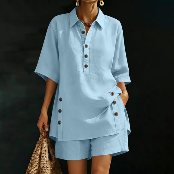 Cagogo Women Plus Size 2 Piece Set Casual Collared Short Sleeve Shirt Shorts Solid Summer Outfits Tracksuits Lounge Sets Vacation Travel Clothes, Blue 3XL