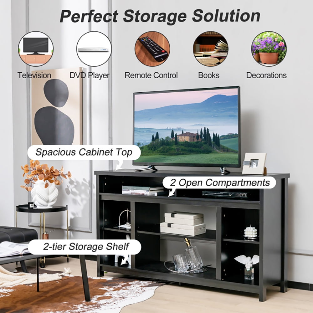Finihen TV Stand, TV Cabinet, 58 Inch TV Stand Entertainment Console Center with Adjustable Open Shelves, Media Entertainment Center with Storage, for Living Room, Bedroom, Black