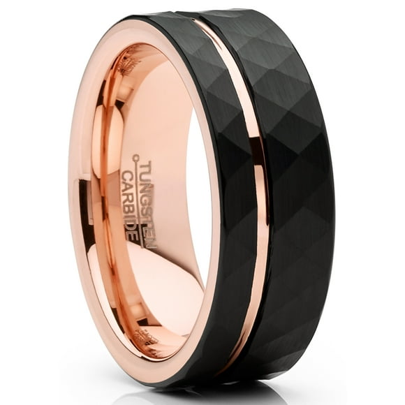 Mens Tungsten Wedding Band Ring Black Rose Goldtone Hammered Comfort-fit 8MM