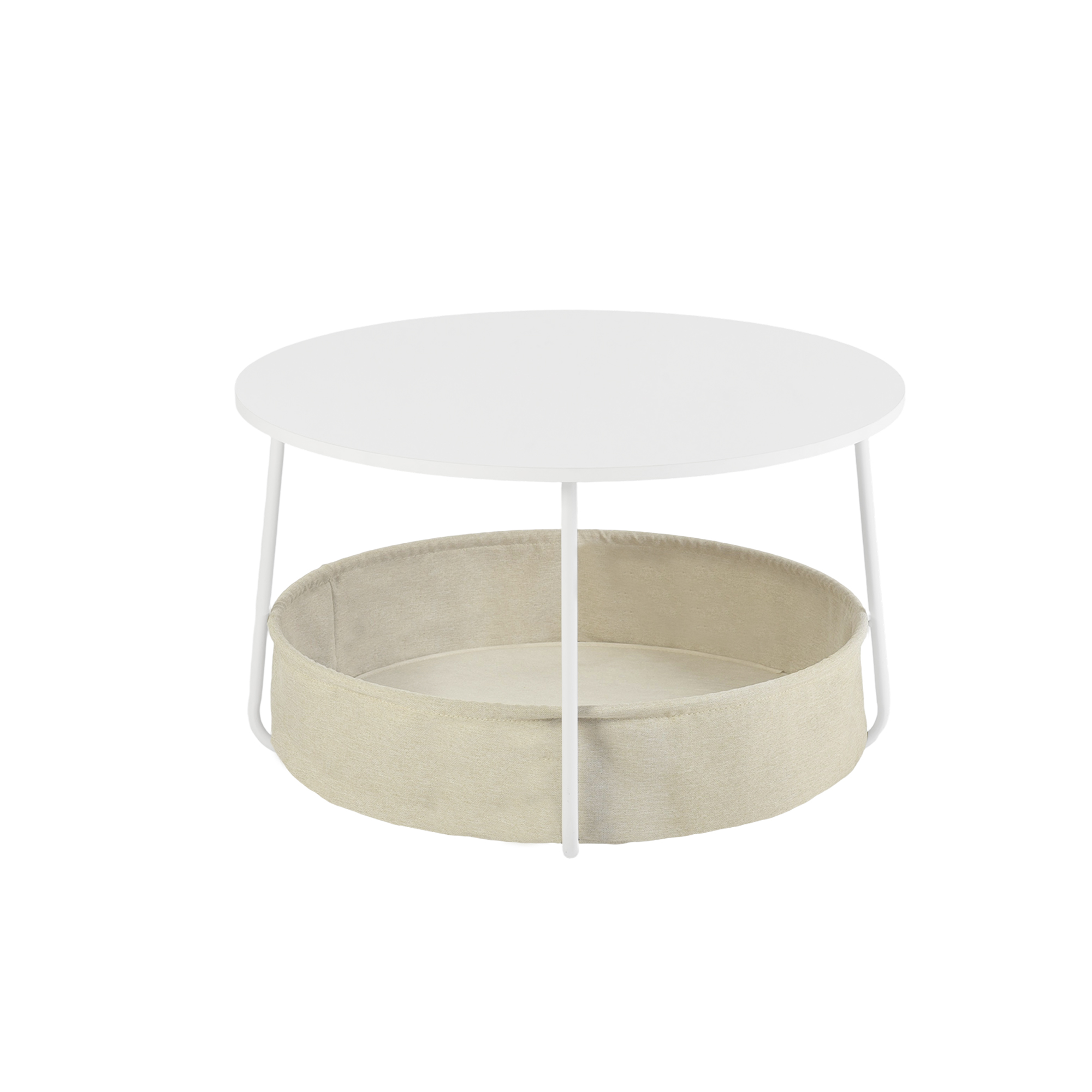 Small Round Side Table, Modern Nightstand with Fabric Storage Basket, U-Shaped Steel Frame End Table for Living Room Bedroom