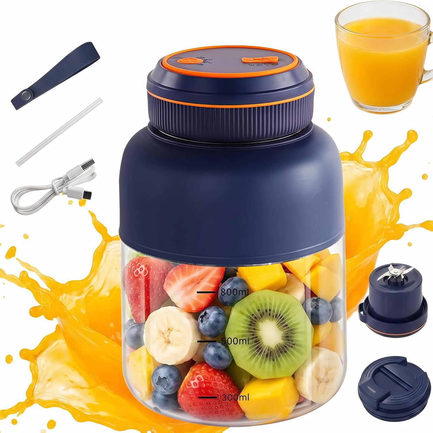 Beiled 1300ml Portable Wireless Large Capacity Juicing Cup, USB Rechargeable Personal Smoothie Mixer, Double Lid, 1500mAh Battery, 38 Blade Knife, Blue