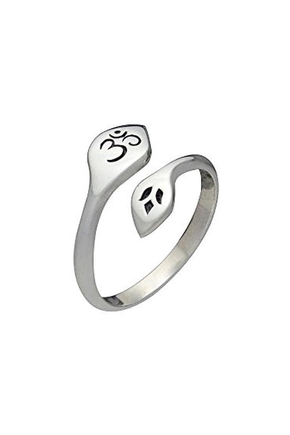 Om (Aum) and Lotus Ring in Adjustable Lotus Petal Wrap Style in Sterling Silver, #7155