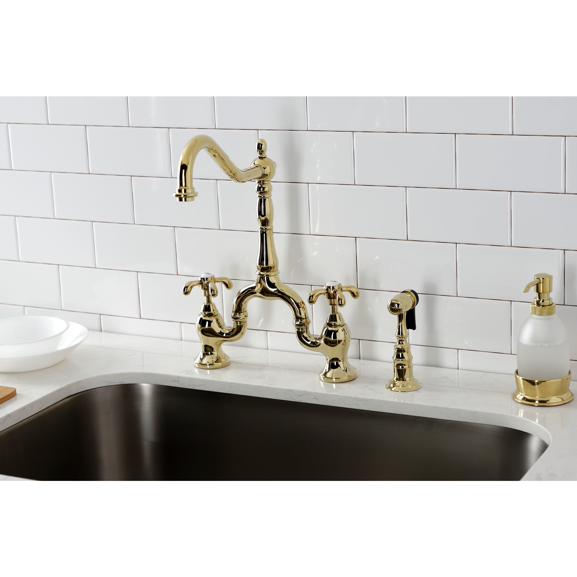 Kingston Brass KS7752TXBS French Country Two-Handle 3-Hole Deck Mount Bridge Kitchen Faucet with Brass Side Sprayer in Polished Brass