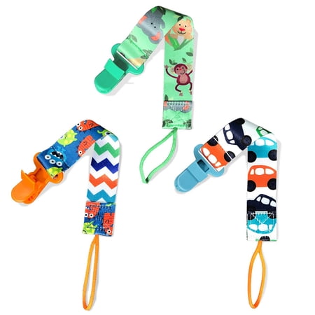 SHELLTON Pacifier Clips - 3 Pack Baby Pacifier Holder Fit Pacifiers & Infants Soothers, Baby Teething Toys & Baby Shower Gift Set for Boys and Girls (Monster Animal Car)