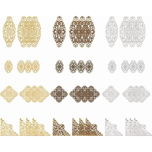 60 conectores de filigrana para colgantes, 3 colores y 4 tamaños, con forma de flor, de metal.