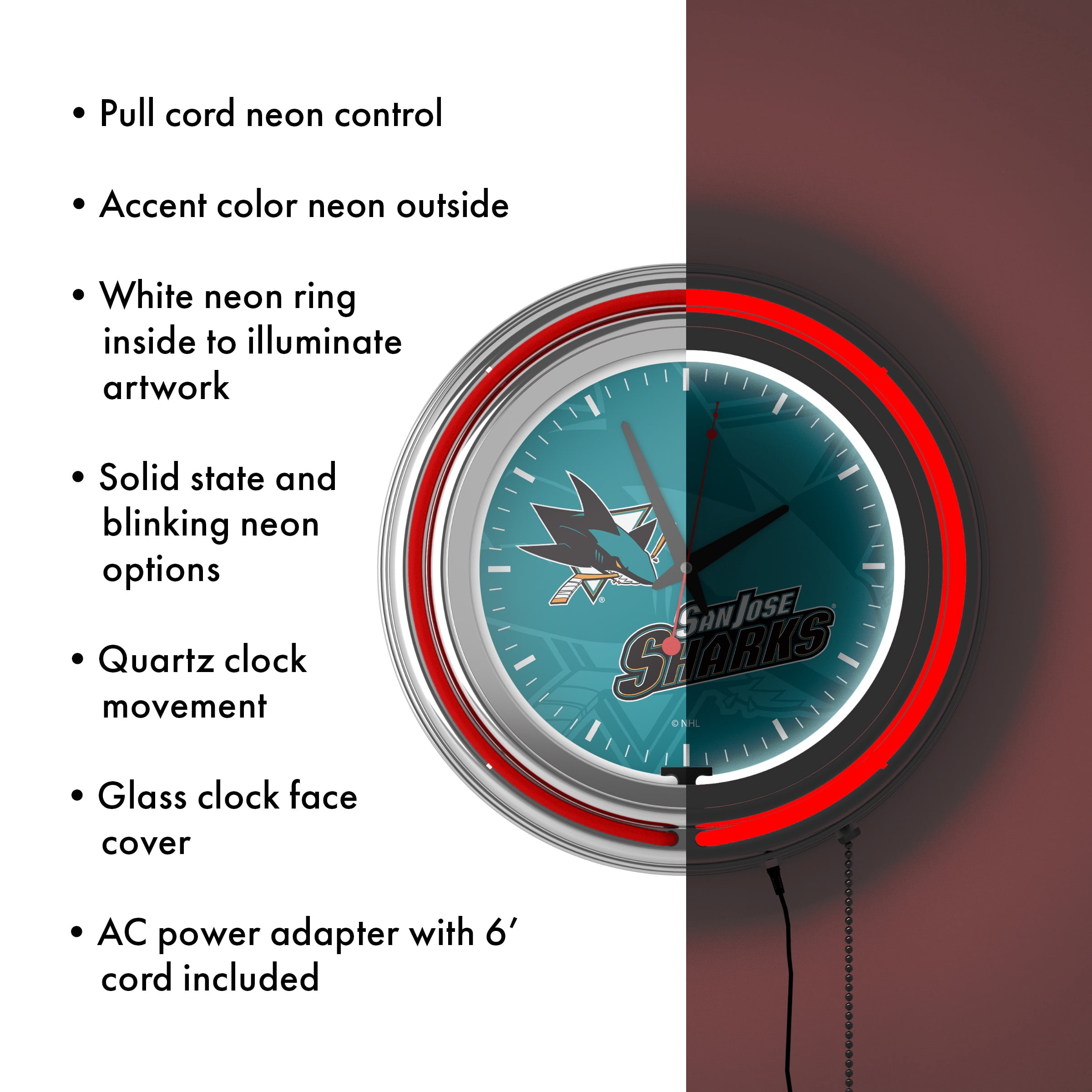 San Jose Sharks Watermark Retro Neon Analog Wall Clock with Pull Chain