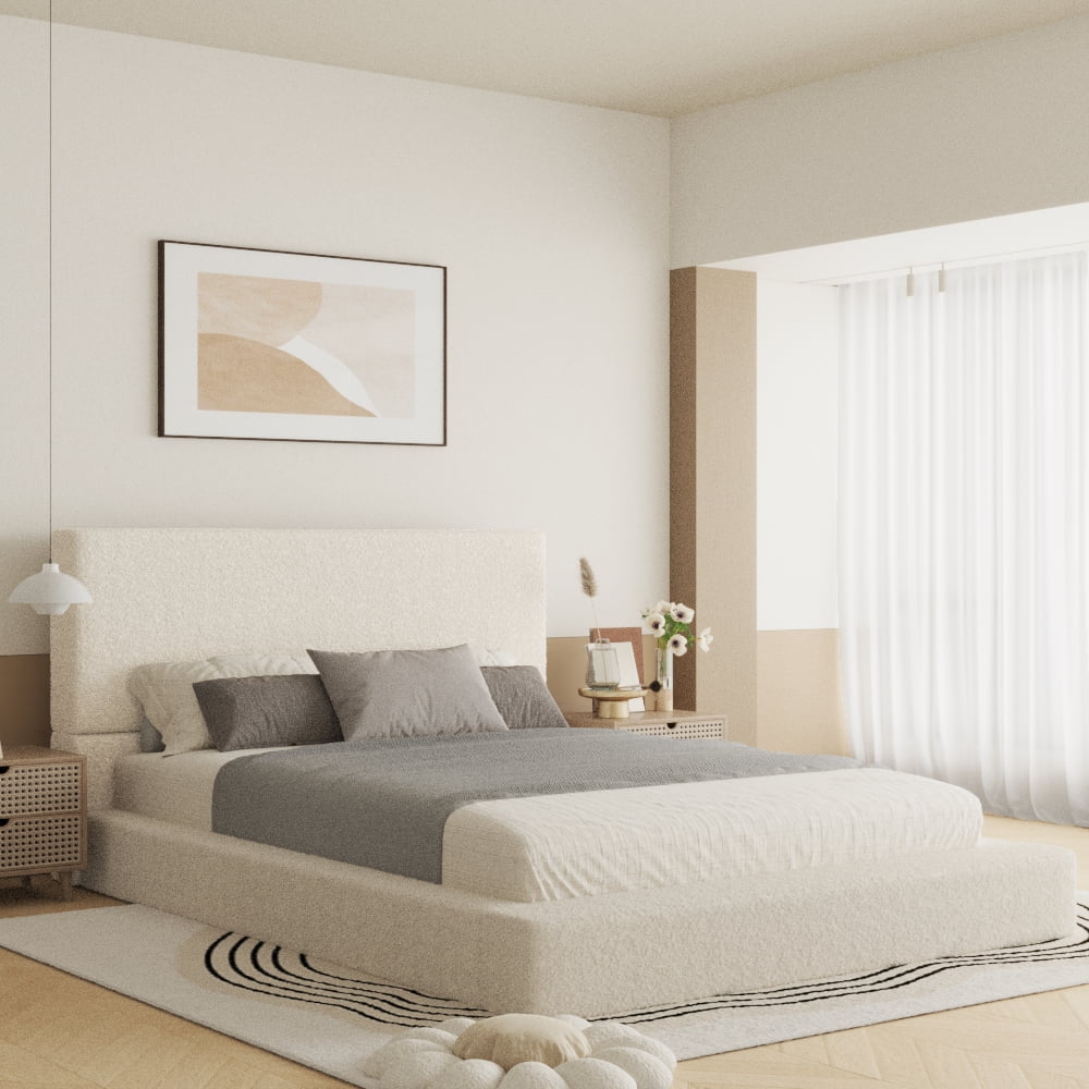 VIPLOV QUEEN Size Boucle Bed Frame，Upholstered Floor Platform Bed with Headboard，Soft Cloud Bed with Thickened Wide Bedside，Easy Assembly, Cream