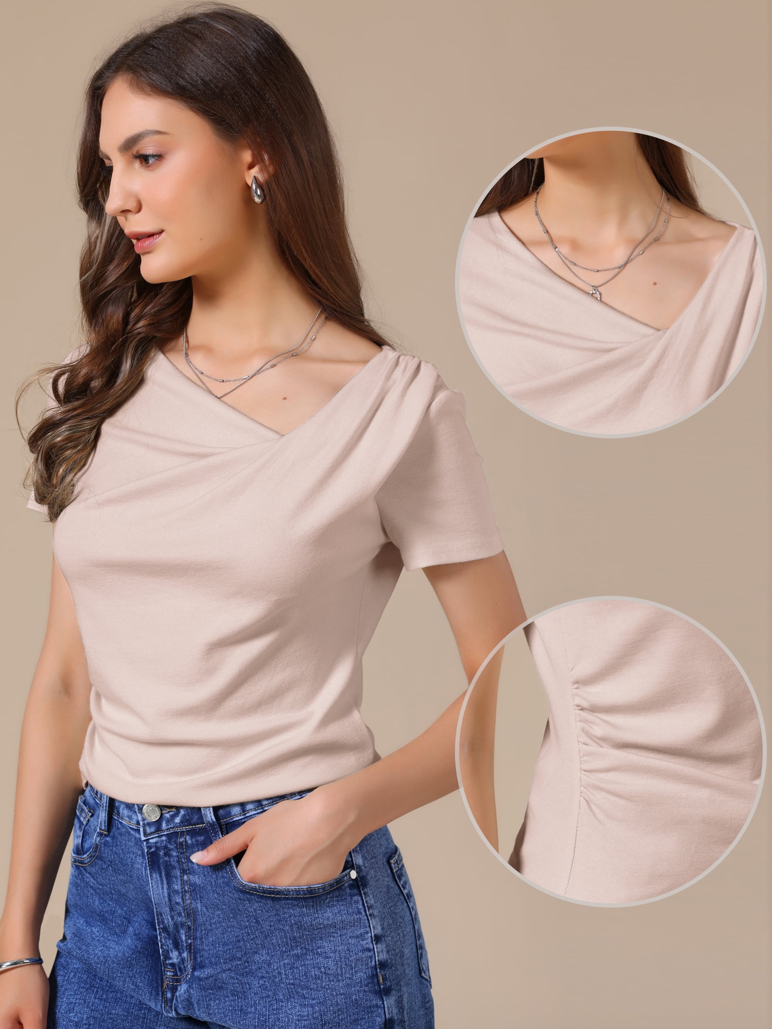 DARING DIVA Women's Short Sleeves Top Ruched Going Out Crop Slim Tee Blouse L Pink