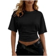thumbnail image 2 of Axiiglly Crop Tops for Women Short Sleeve Side Ruched Stretch Slim Fit Cropped T Shirts Round Neck Trendy Basic Tees Black S, 2 of 7