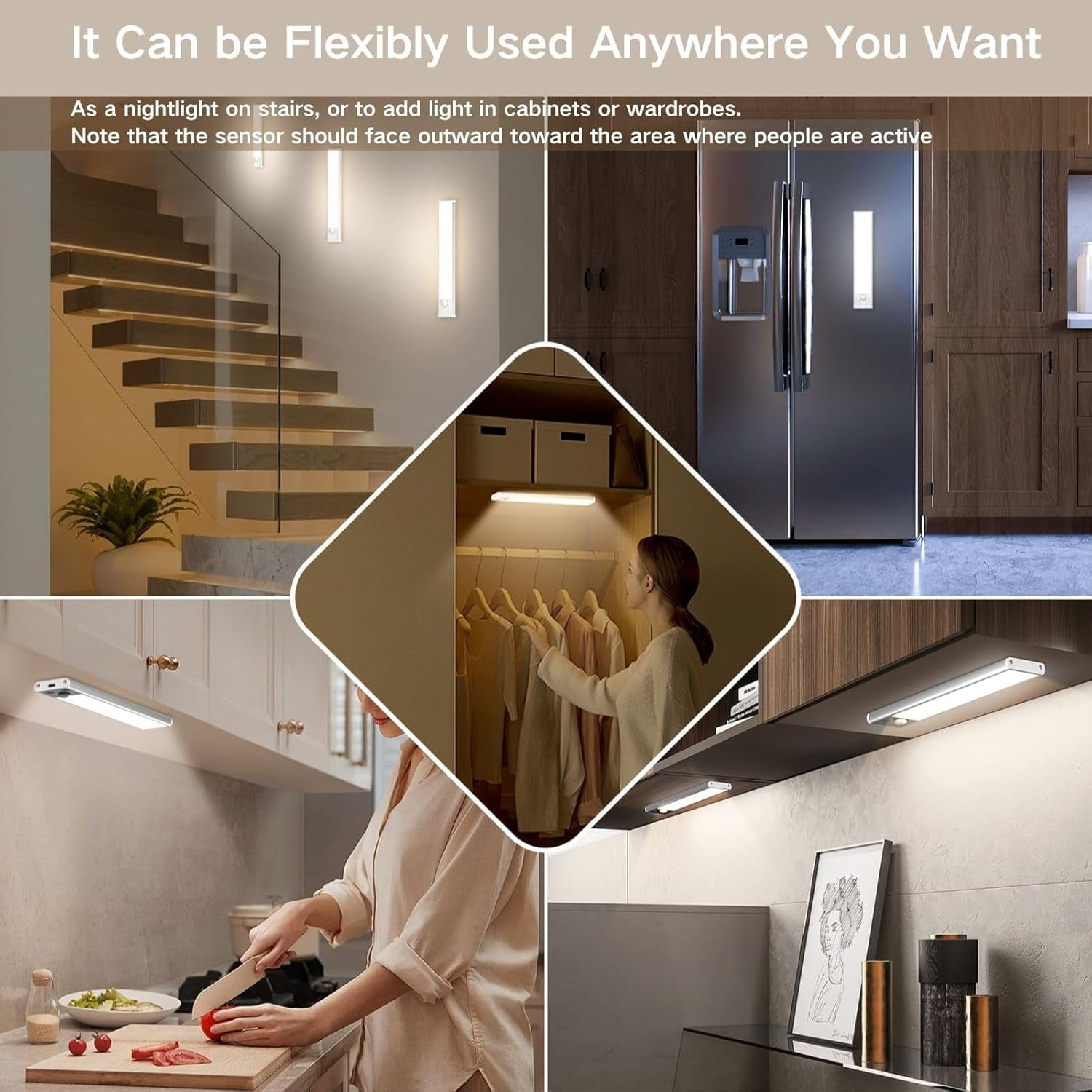 9.5 Inch 2-Pack Rechargeable Motion Sensor Light Bar, Magnetic Dimmable Under Cabinet Lighting, 3 Color LED Closet Light for Kitchen Stairs