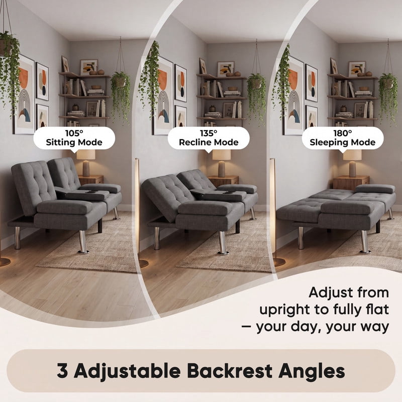 Lacoo Futon Sofa Bed, Linen Convertible Couch Sleeper Sofa, Cup Holders, Small Spaces,Drak Gray