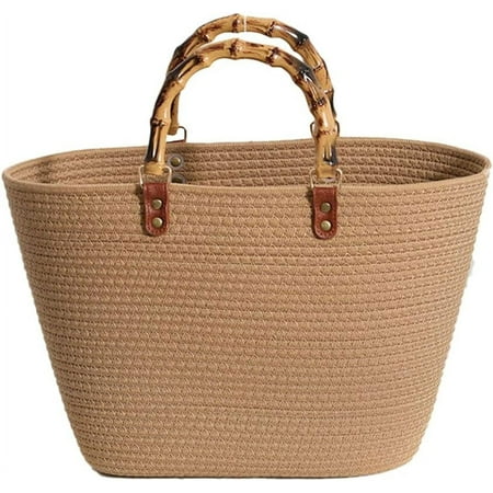 LinYooLi Straw Bag for Women Retro Beach Bag Tote Bag Woven Rope Imitation Bamboo Top Handle Bags for Tavel Summer Vacation 2023
