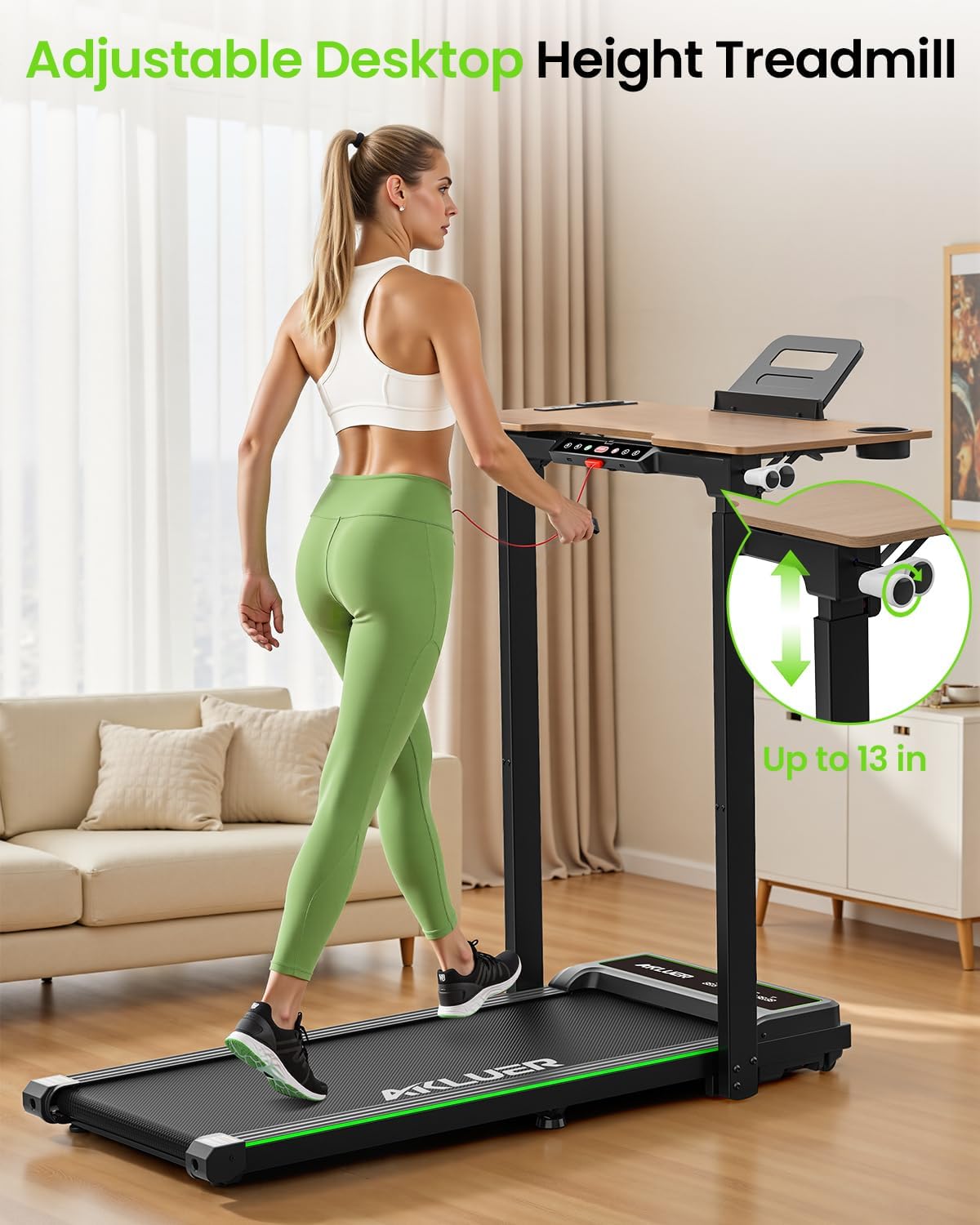 Akluer P3-D Adjustable Desk Treadmill, 2.5HP Quiet Walking Pad with Integrated Desktop, Remote Control, 6.2MPH, Compact Folding Design