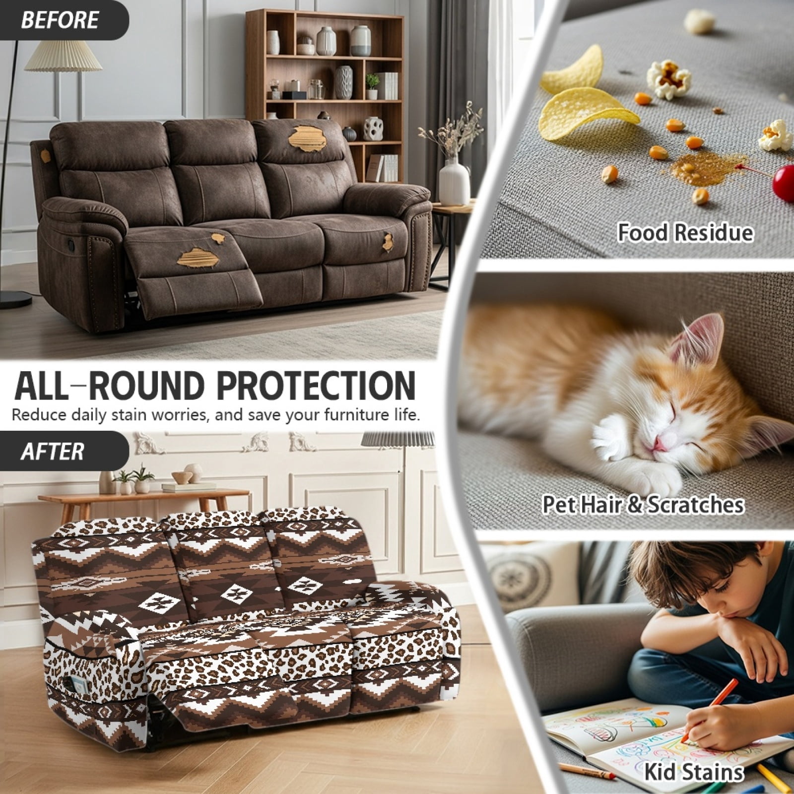 COEQINE Reclining Sofa Cover Breathable 3 Seater Couch Chair Cover 8 Pieces Stretch Recliner Chair Cover Stay in Place Lazy Boy Chair Slipcover Home Decor, American Tribal Brown Leopard Print