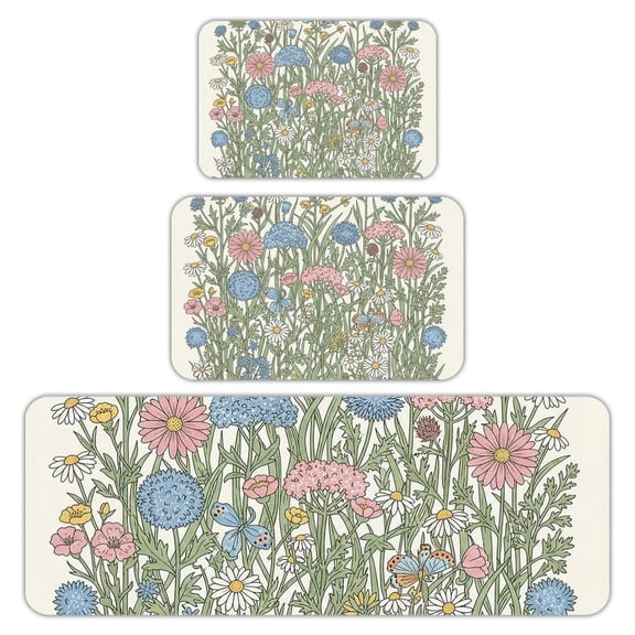 RKSupls Kitchen Rug Set 3 Piece Anti-Slip Flannel Floor Mats, Wildflowers Washable Absorbent Runner Mats for Kitchen Bathroom Home Decor