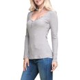 thumbnail image 3 of Doublju Women's Henley Neck Ribbed Top with Button (Plus Size Available), 3 of 4