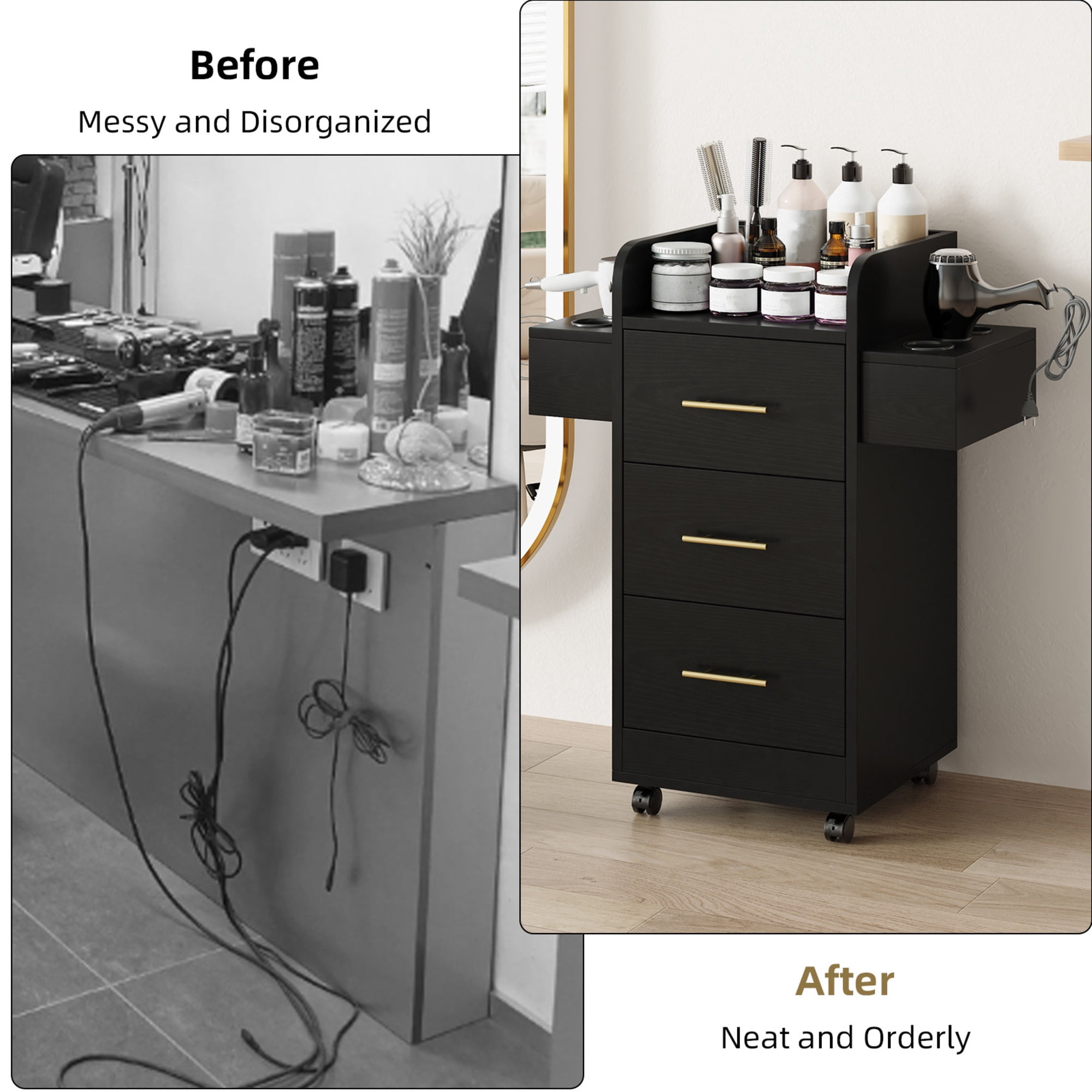 4 EVER WINNER Black & Gold Barber Cabinet with Gold Handles, Rolling Salon Storage Cart for Hair Stylists, 3 Drawers & 6 Hair Dryer Holders, Durable Engineered Wood Mobile Station for Salon Spa Home