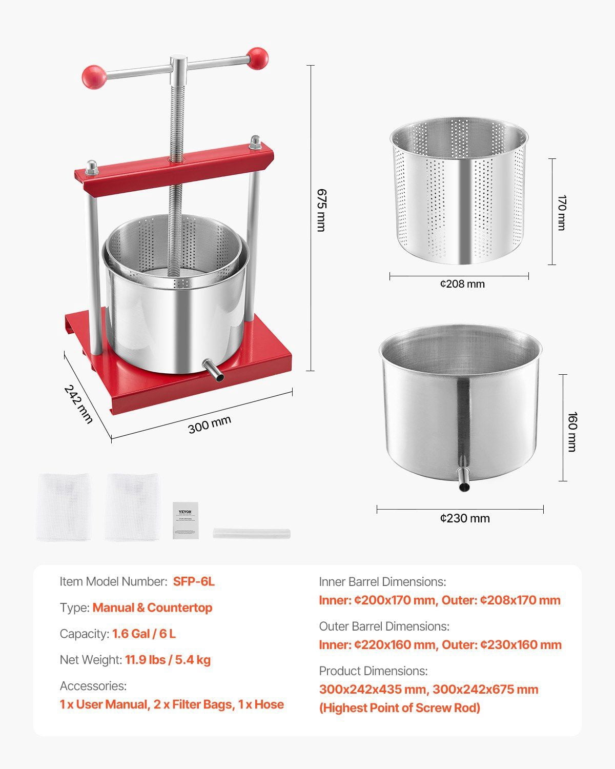 6L Stainless Steel Wine Press Kit – Hand-Operated Fruit Juicer for Homemade Winemaking