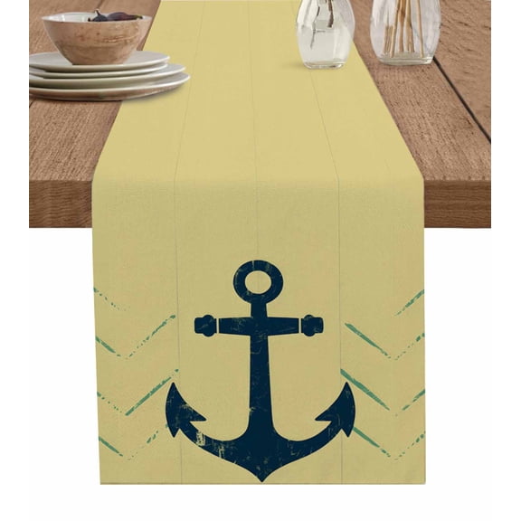 Anchor Coastal Table Runner 108 Inches, Nautical Navy Blue Beige Ocean Bed Runner Dresser Scarves Tabletop for Indoor Outdoor Parties/Ceremony/Banquet, 13"x 108"