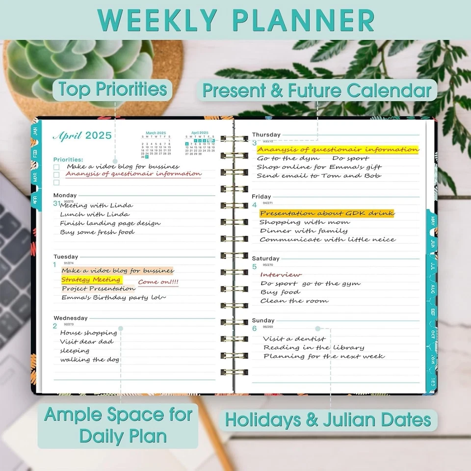 2025 Planner, 12-Month Daily Weekly Monthly Planner Spiral Notebook With Sticker