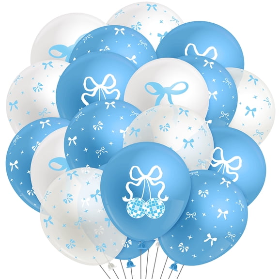 GROBRO7 Blue Bow Balloons Set with Ribbons for Birthday Parties and Baby Showers Decor Supplies, 12 Inch