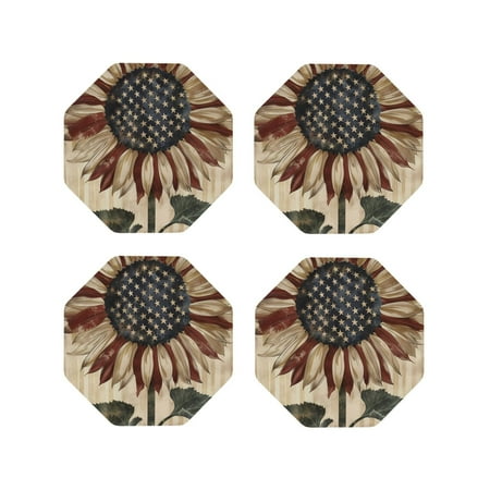 

Fuzoiu USA Sunflower Flag Print Leather Coasters Set Drink Coasters Set of 4 for Tabletop Protection Durable PVC Coasters Home Décor and Housewarming Gift-Octagon