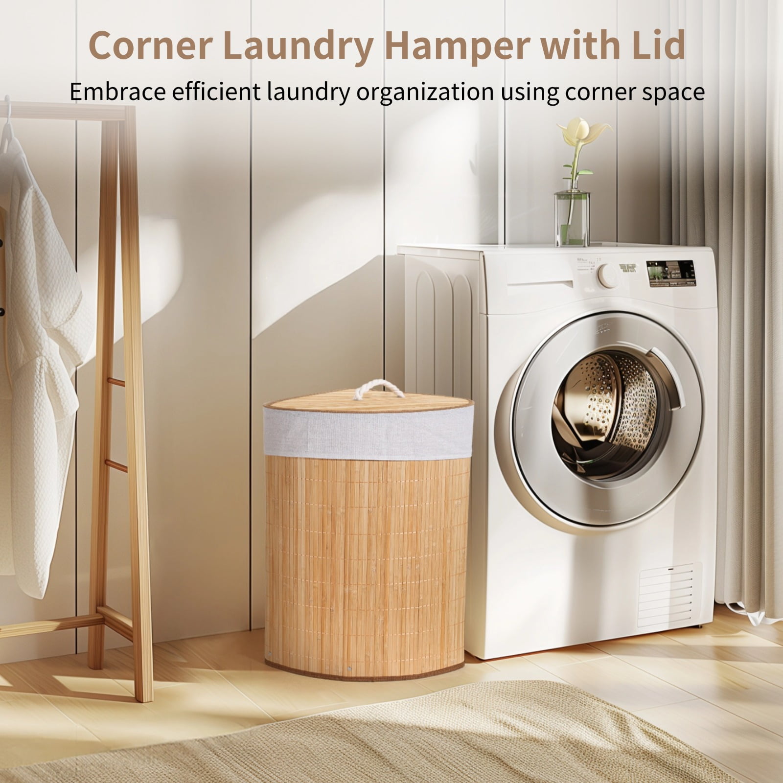 Corner Laundry Hamper with Lid, Foldable Triangle Clothes Hamper, Natural Wood Weave Laundry Basket Bin for Bedroom Bathroom Laundry Room, 25 x 18 in