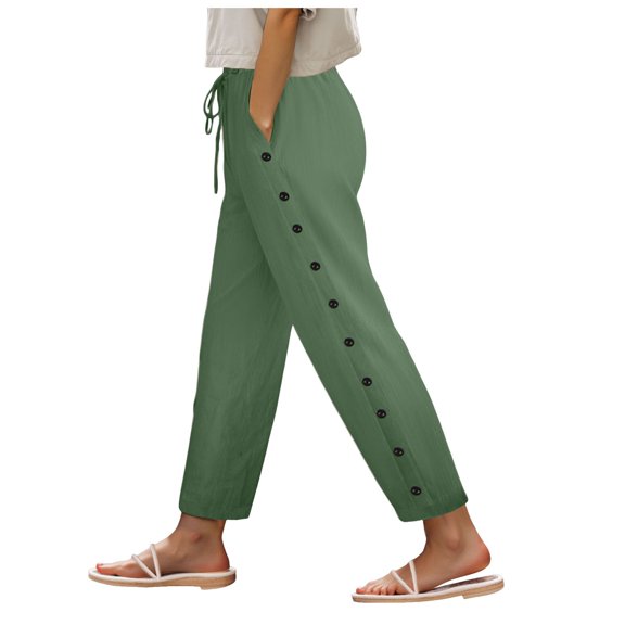 vigerkar Women's Casual Pants Striped Side Button Elastic Waist Trendy Pants Straight Leg Baggy Trousers with Pocket Green, L