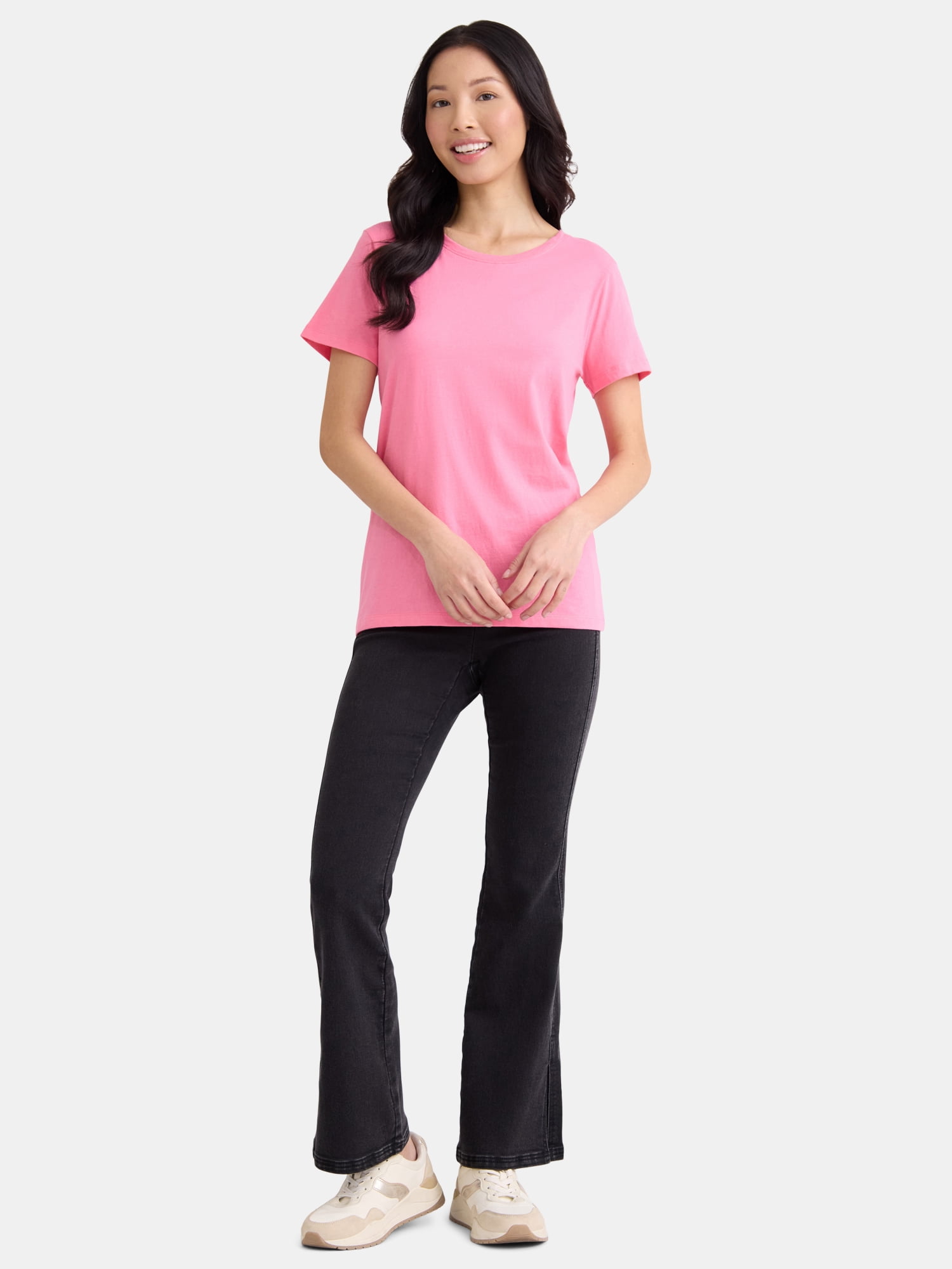 Time and Tru Women's Cotton Crewneck Tee with Short Sleeves, Sizes XS-XXXL