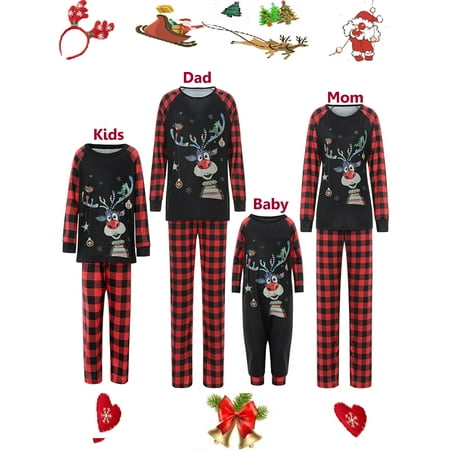 

Sunisery Matching Family Christmas Pajamas Xmas Holiday Sleepwear Long Sleeve Jammies Printed Top and Red Plaid Pants PJs Set