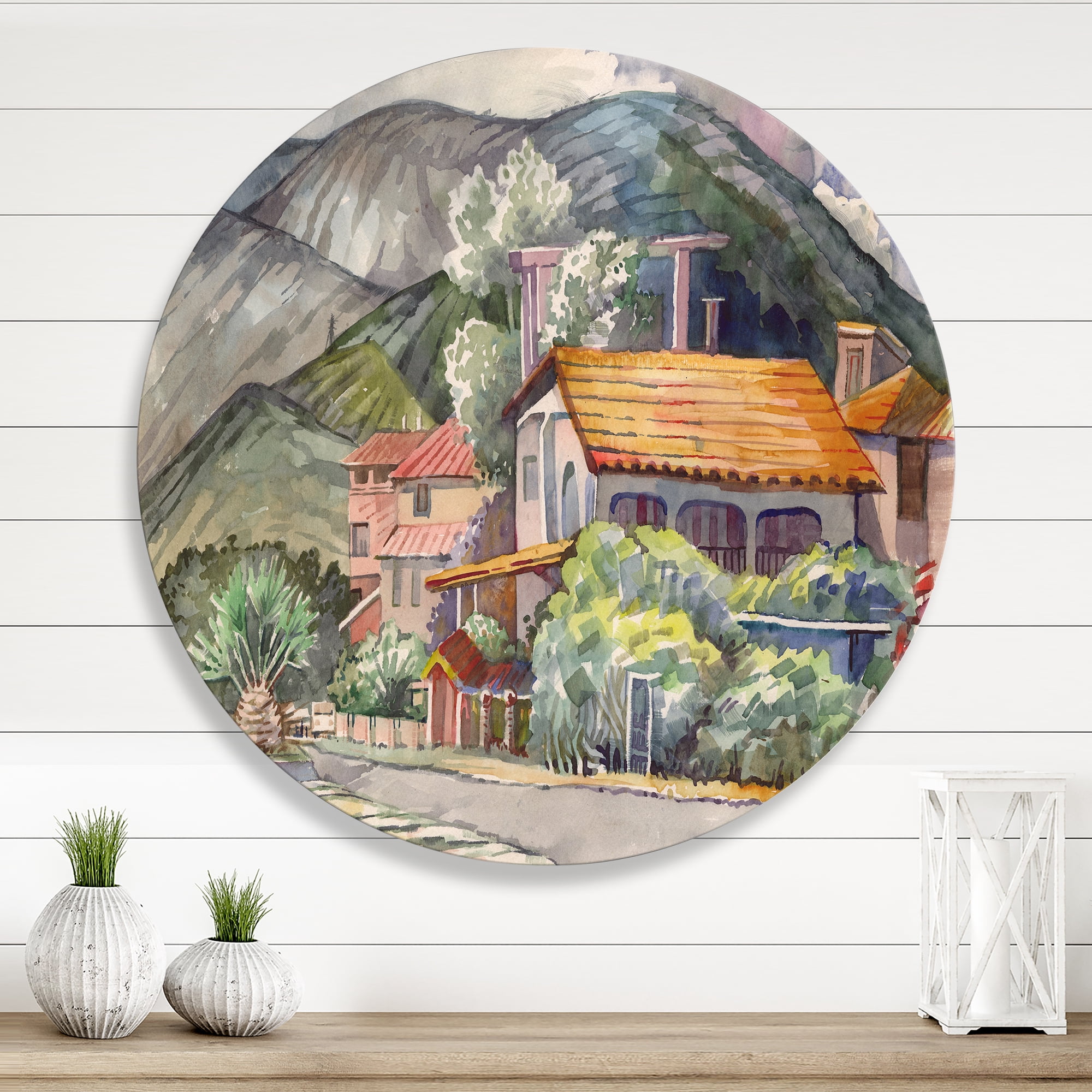Designart 'Greek Mountains Landscape Off The Coast Of The Aegean Sea ' Traditional Circle Metal Wall Art 11x11 - Disc of 11