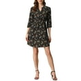 thumbnail image 1 of Vestido de botón floral negro con cuello en V, mangas 3/4 y bolsillos laterales para mujeres Inspire Chic, talla XS, 1 of 7