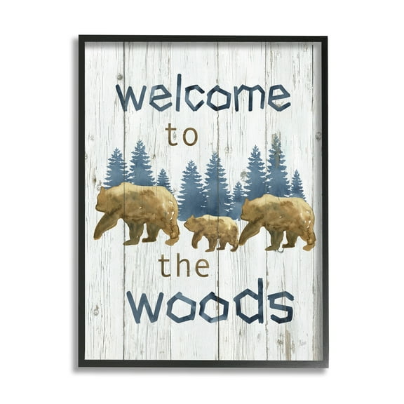 Stupell Industries Rustic Welcome To Woods Bears Trees Silhouette Graphic Art Black Framed Art Print Wall Art, 24x30, by Nan