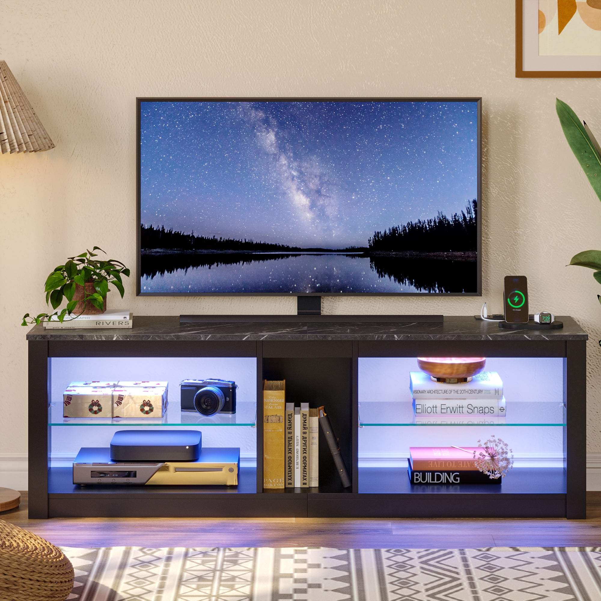 Bestier TV Stand with Power Outlets and Storage Shelves, LED Entertainment Center for TVs up to 60", Black Marble