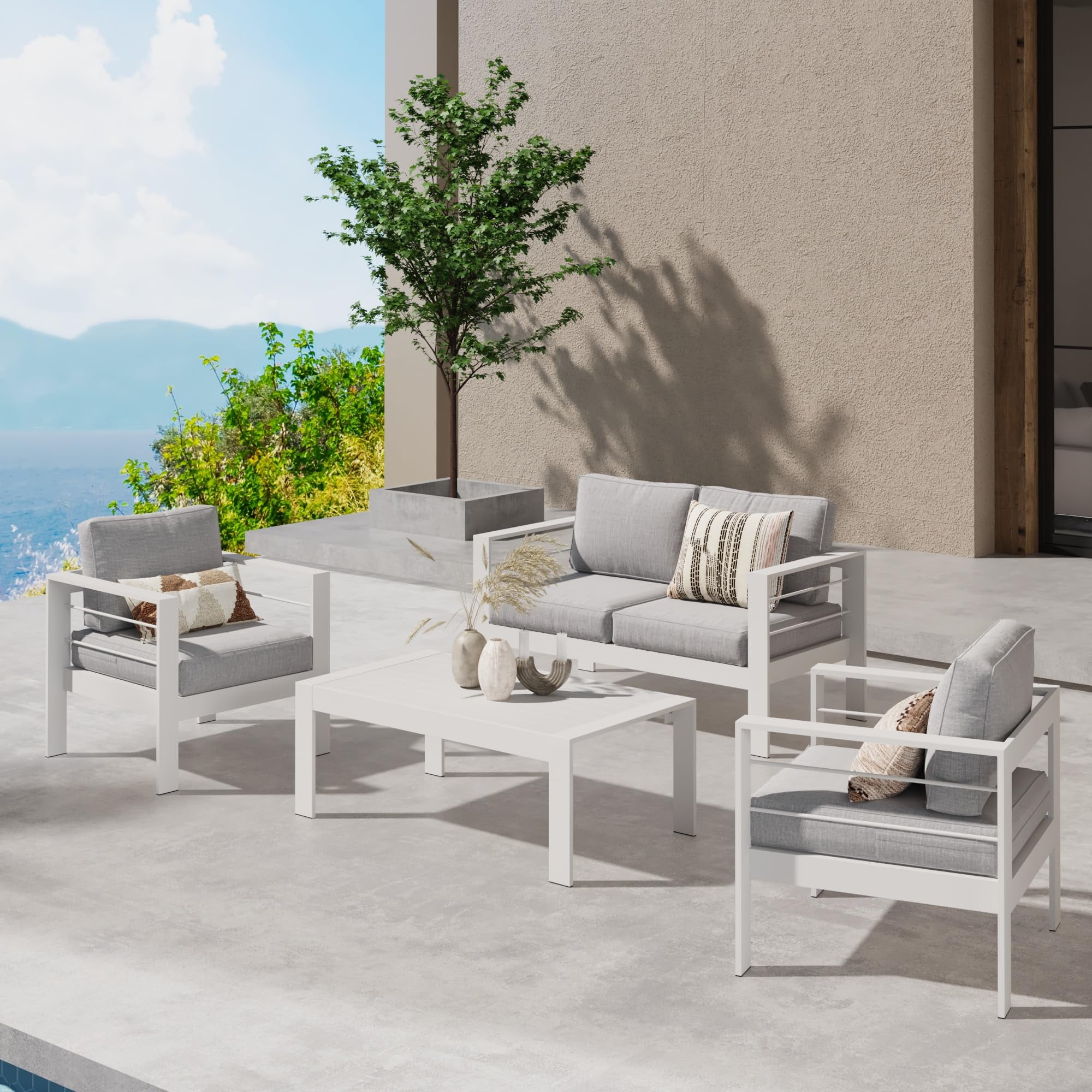 Royalcraft 4-Piece Aluminum Outdoor Conversation Sets with Loveseat, White / Light Grey Cushion