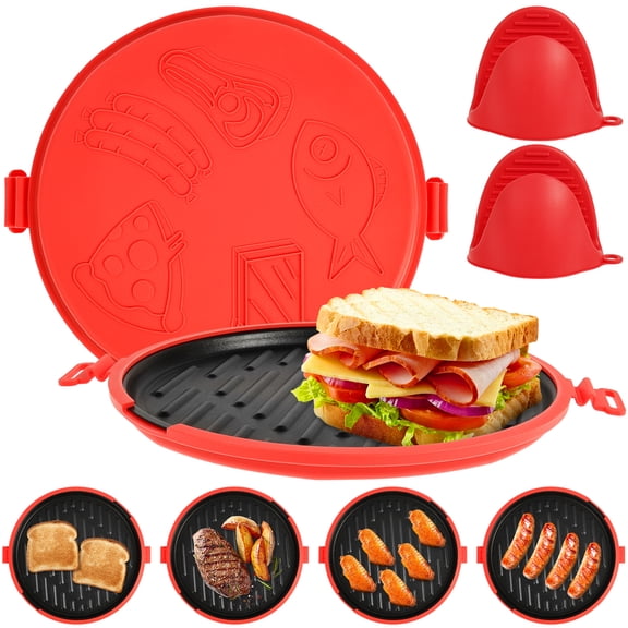 Microwave Grill Pan with Silicone Anti Scald Protector Non Stick for Family Breakfast Microwave Oven
