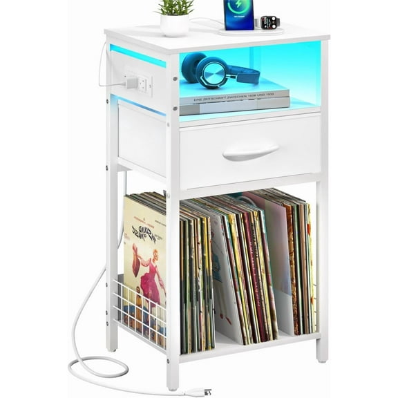 Side Table - Night Stand with Charger Station & LED Light, 3 Tier Small End Table Living Room, Bedside Table with Drawer, Record Player Stand with Vinyl Storage, White Nightstand for Bedroom