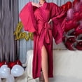 thumbnail image 6 of Robes for Women Satin Ice With Trim Kimono Feather Lace Long Sleeve Women Pjs Sets,Wine,L, 6 of 9