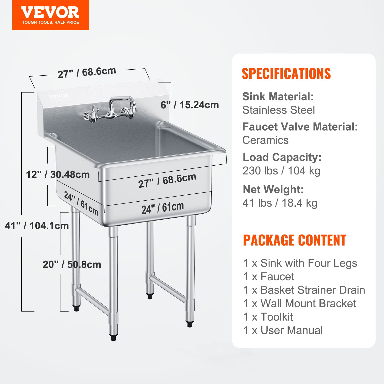 VEVOR Stainless Steel Prep & Utility Sink, 1 Compartment Free Standing Small Sink Include Faucet & legs, 27"x41" Commercial Single Bowl Sinks for Garage, Restaurant, Kitchen, Laundry