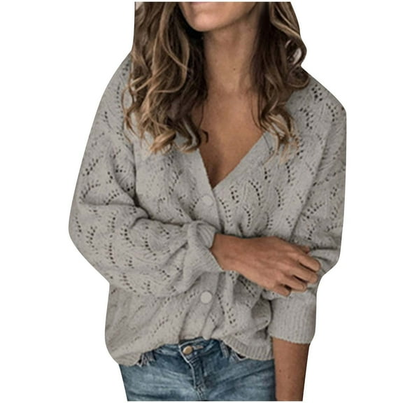 Fanxing Clearance 2023 Junior Girl Button Down Sweater Coat V Neck Long Sleeve Cardigan Hollow Out Solid Sweaters Outwear for Fall Winter S,M,L,XL