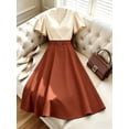 thumbnail image 5 of Women's V-Neck Ruffle Sleeve Midi Dress, Color Block Buckle Cinched Waist Elegant Dress for Office Brunch, 5 of 6