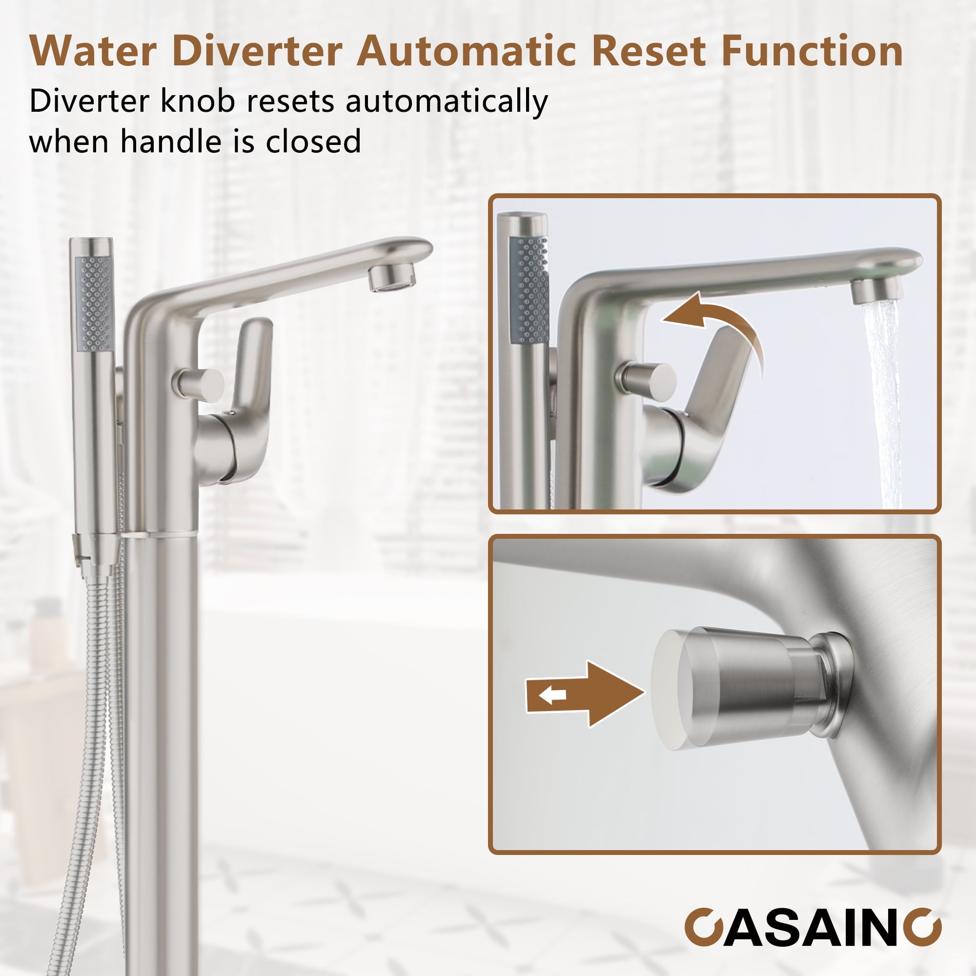 CASAINC Single-Handle Modern Floor Mount Freestanding Bathtub Faucet with Handheld Shower in Brushed Nickel